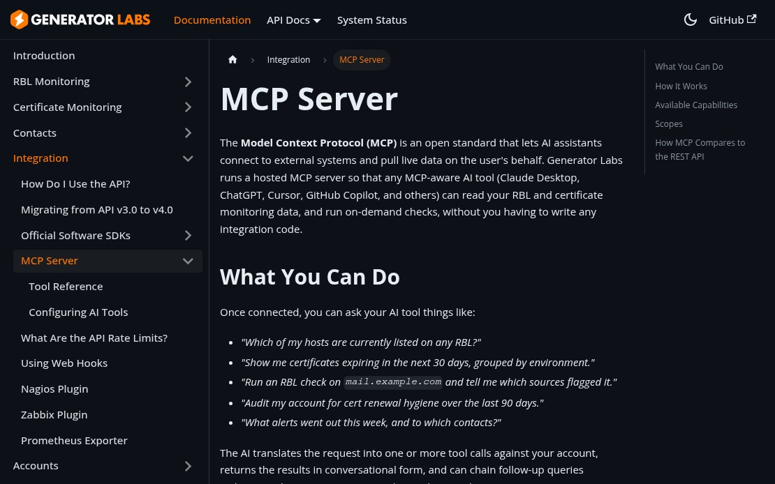 Generator Labs MCP server documentation page
