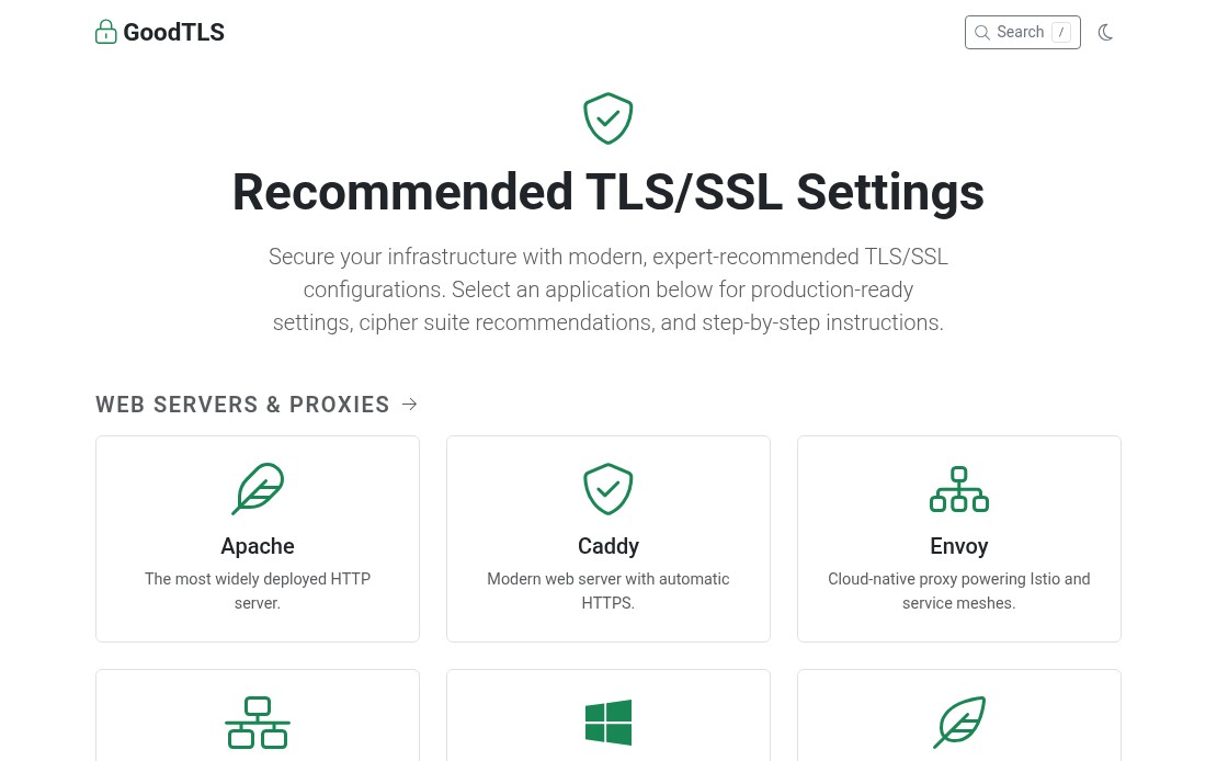 GoodTLS homepage showing TLS/SSL configuration guides by application