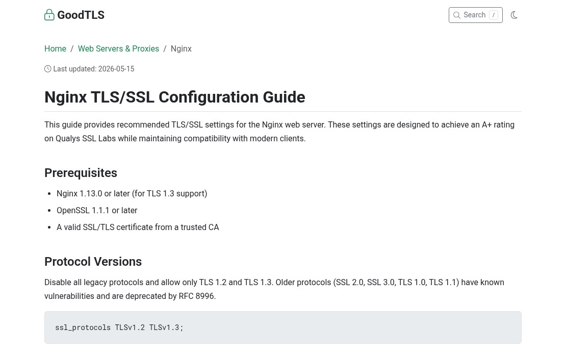 GoodTLS Nginx configuration guide showing protocol version settings