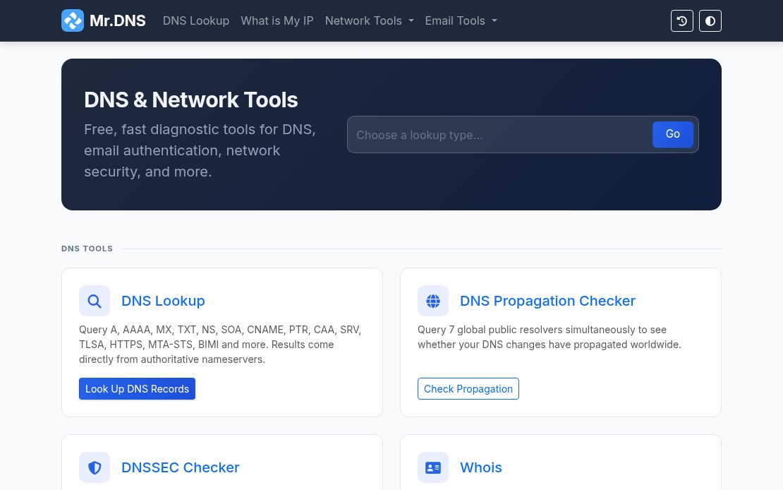 Mr. DNS homepage showing DNS and network diagnostic tools