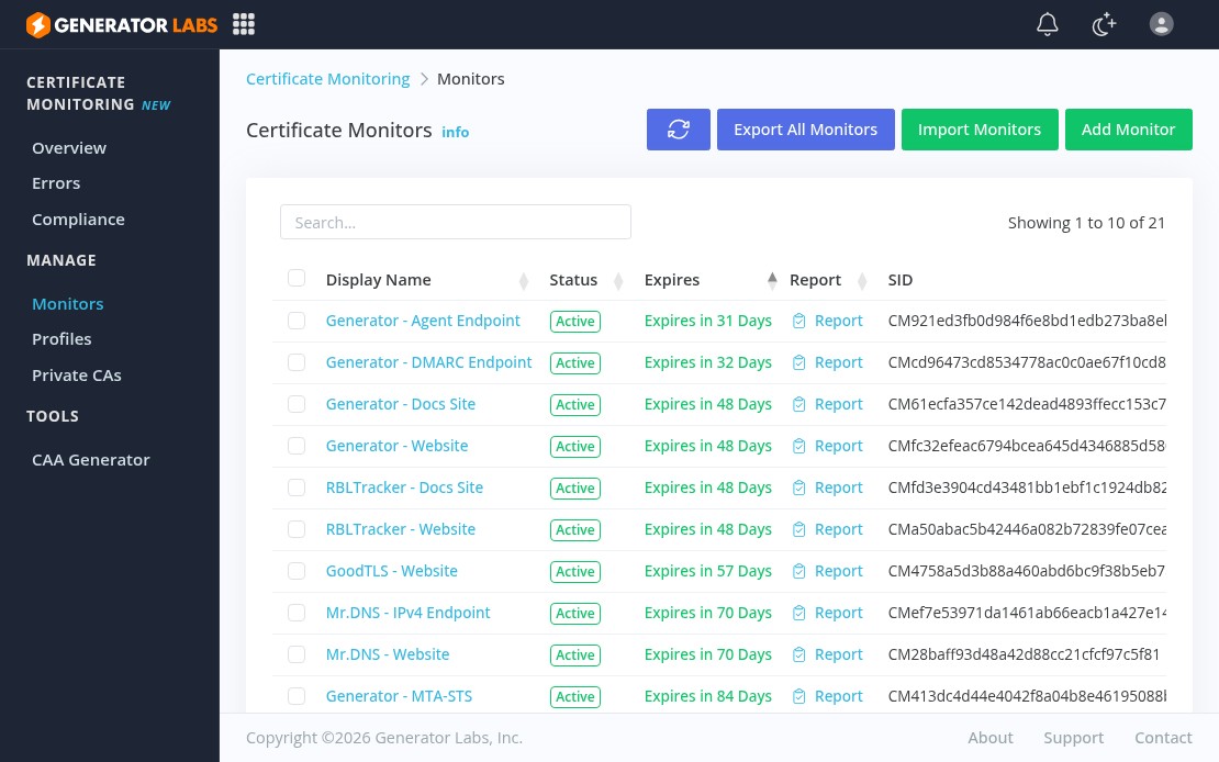 Generator Labs certificate monitoring portal showing active monitors