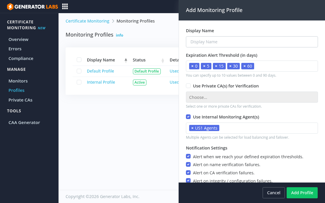 Generator Labs Certificate Monitoring add profile dialog