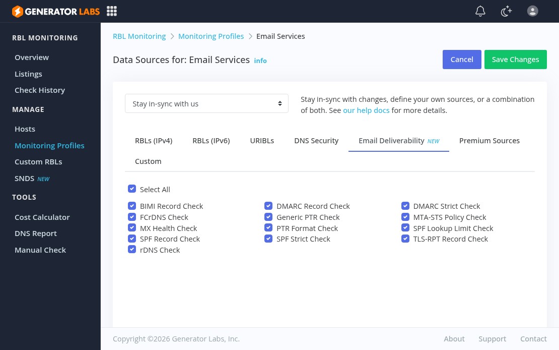 Generator Labs email deliverability checks tab showing all 13 available checks